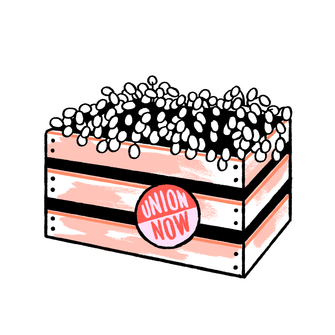 Illustration of a crate of grapes with a pro-union sticker attached