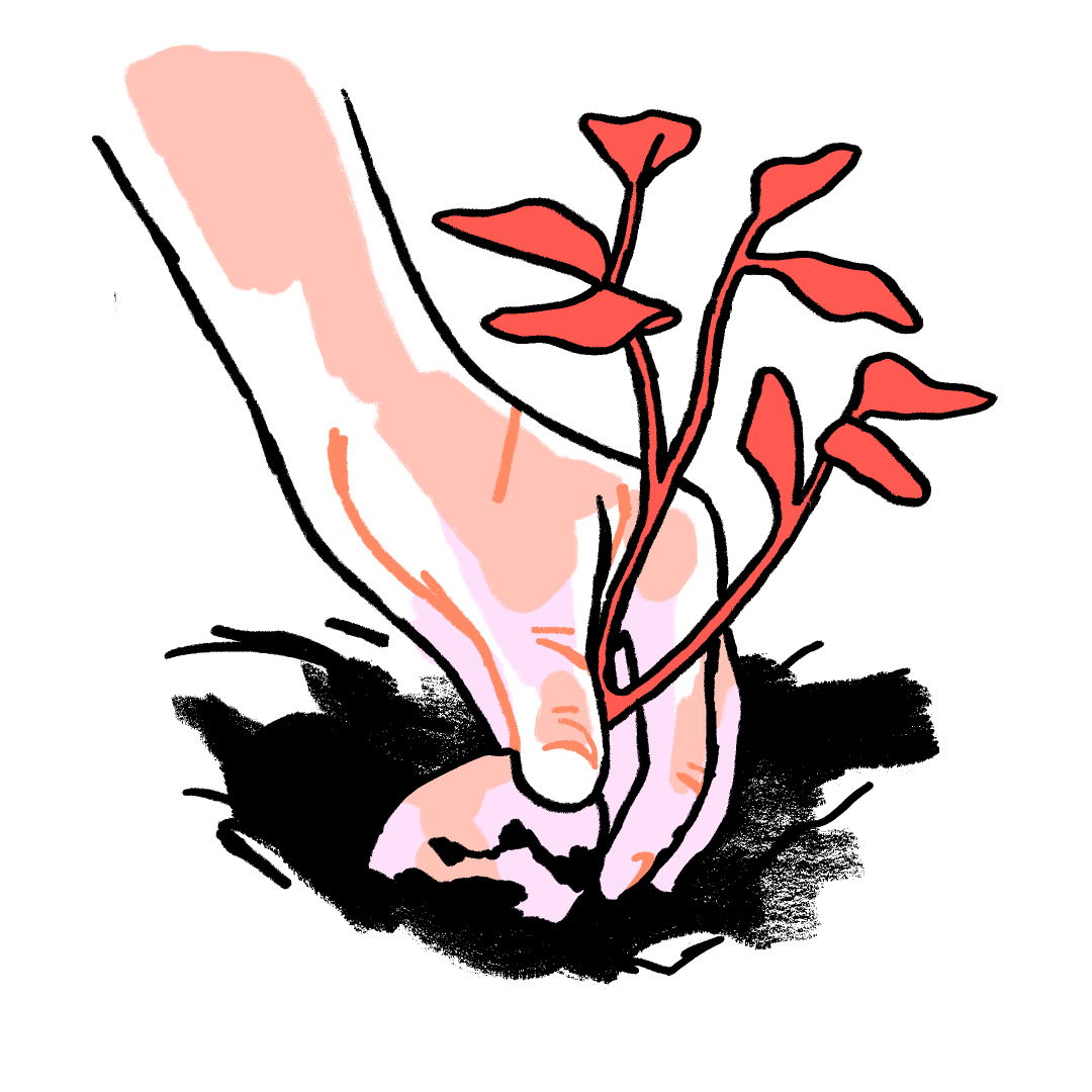 Illustration of a hand unearthing a potato