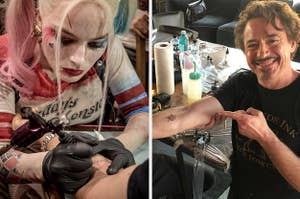 Margot Robbie giving a tattoo as Harley Quinn and Robert Downey Jr showing off his Avengers tattoo