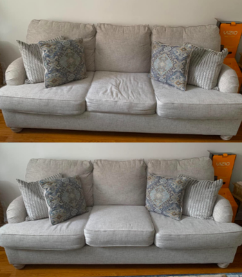 Reviewer's sofa before with flat, wrinkled cushions and after, where the cushions look plush and new