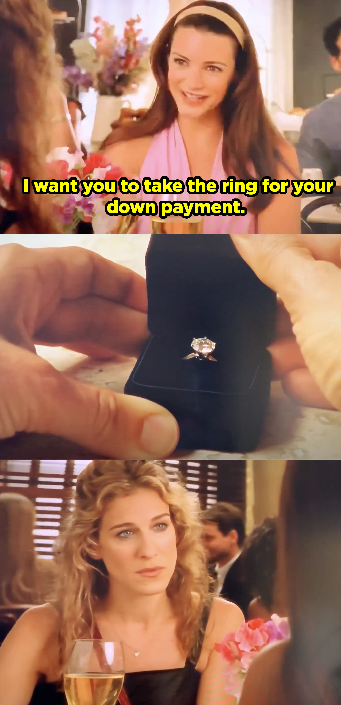 Charlotte handing Carrie her old engagement ring. 