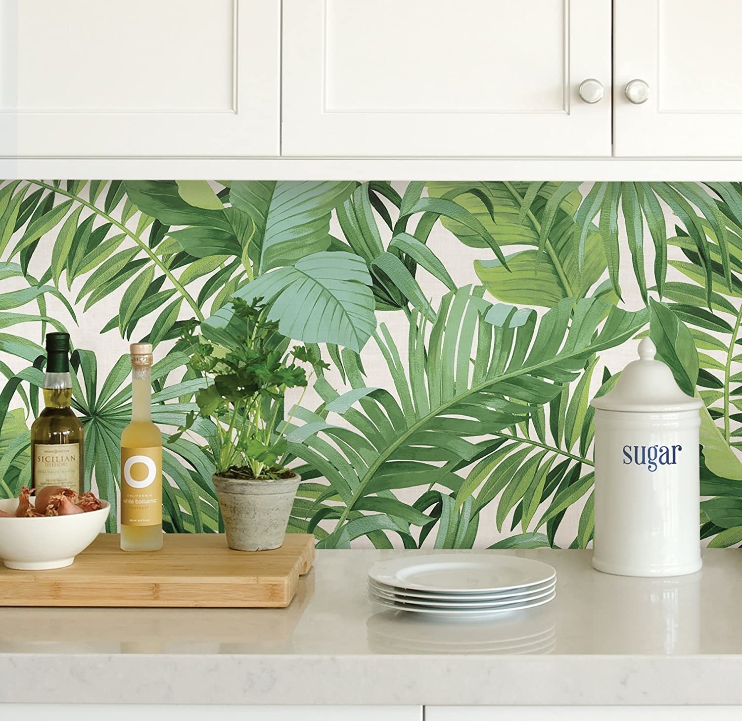 The wallpaper in a kitchen