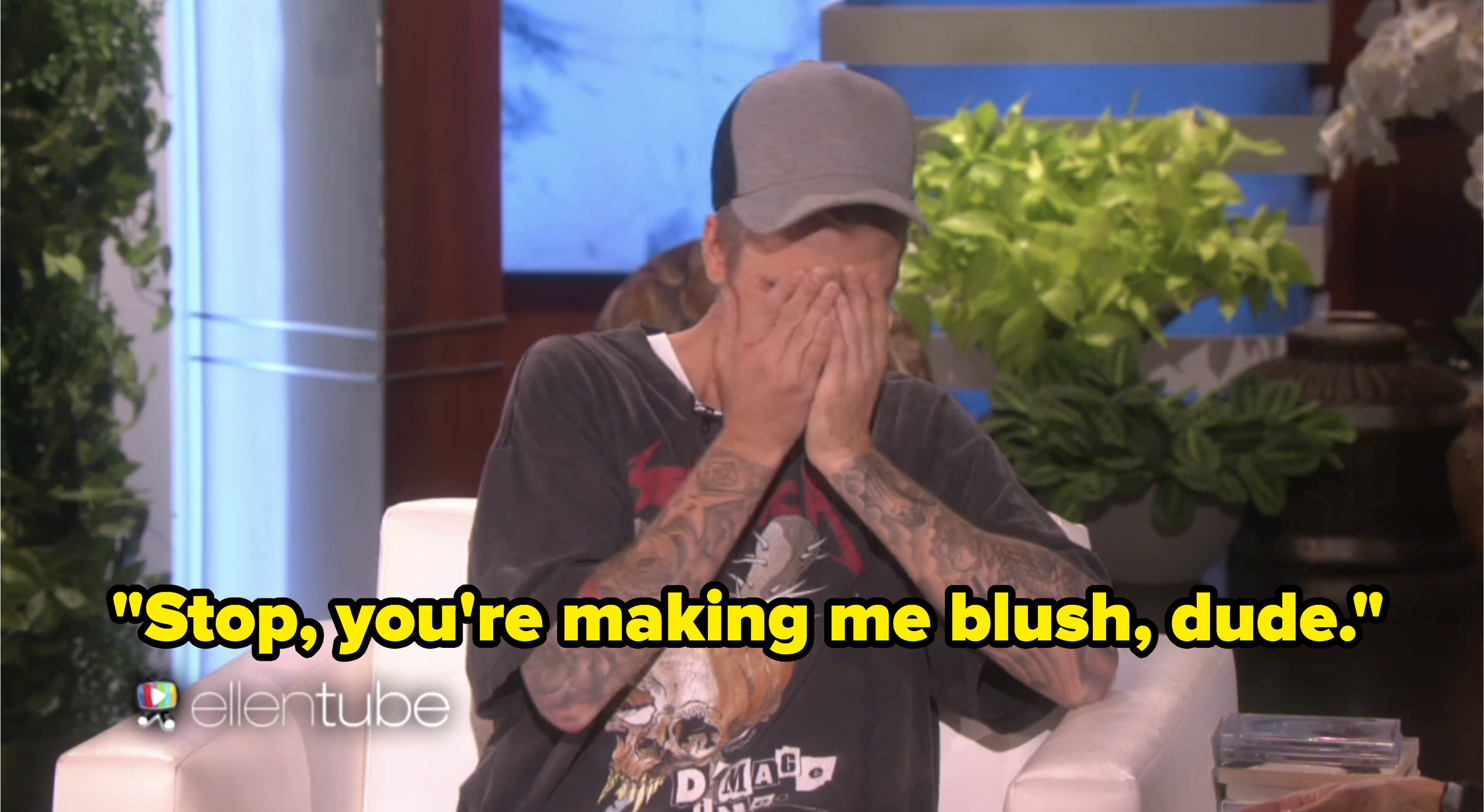 Justin Bieber appearing on The Ellen Show and saying &quot;Stop, you&#x27;re making me blush dude&quot;