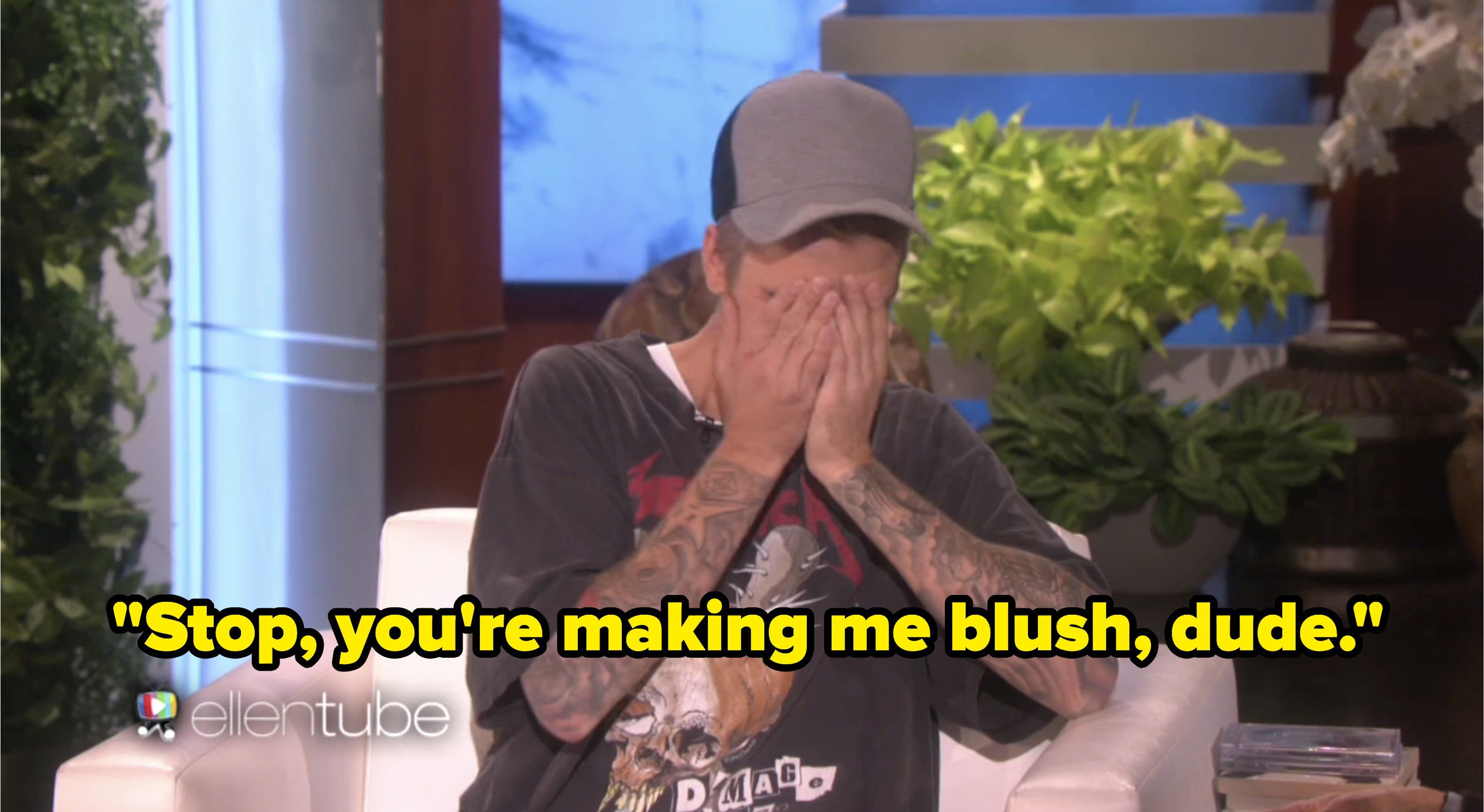 Justin Bieber appearing on The Ellen Show and saying &quot;Stop, you&#x27;re making me blush dude&quot;