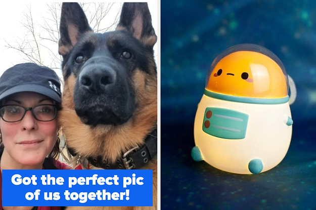 reviewer's selfie with their dog and the text