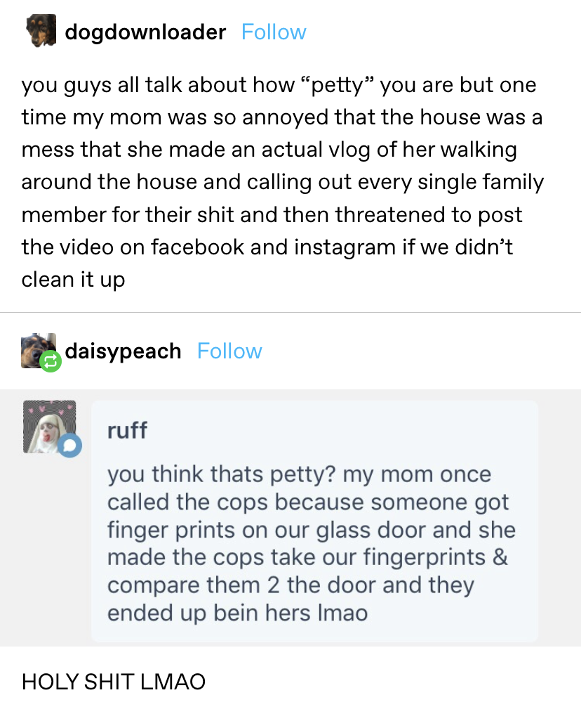 &quot;you guys all talk about how &#x27;petty&#x27; you are but one time my mom was so annoyed that the house was a mess that she made an actual vlog ... calling out every single family member for their shit and then threatened to post the video on facebook&quot;
