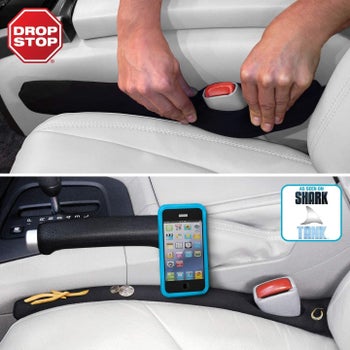 a split image of a model inserting the black DropStop into a car and another image of the car gap filler preventing a phone, coins, and french fries from falling 