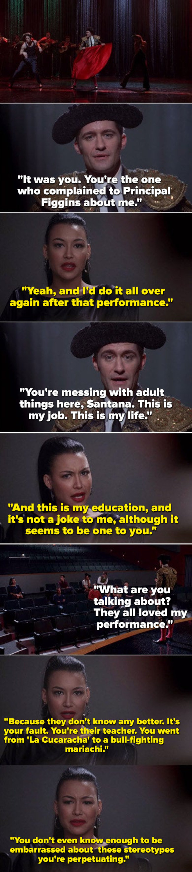 Santana calling out Mr. Schue for his problematic performance full of Latinx, Hispanic, and Spanish stereotypes