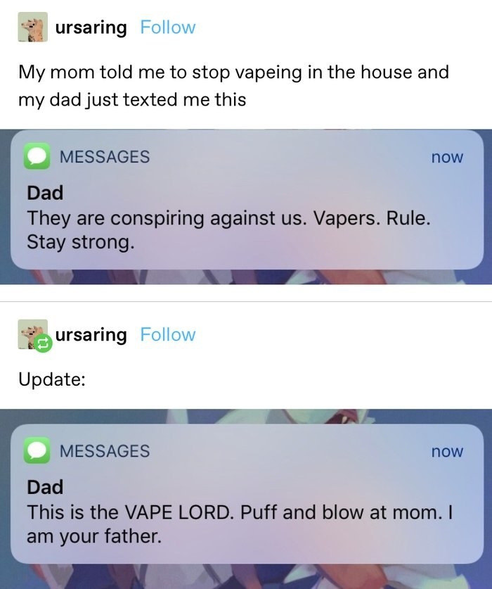 &quot;my mom told me to stop vapeing in the house and my dad just texted me this: they are conspiring against us. vapers. rule. stay strong. update: from dad: this is the VAPE LORD. Puff and blow at mom. I am your father&quot;
