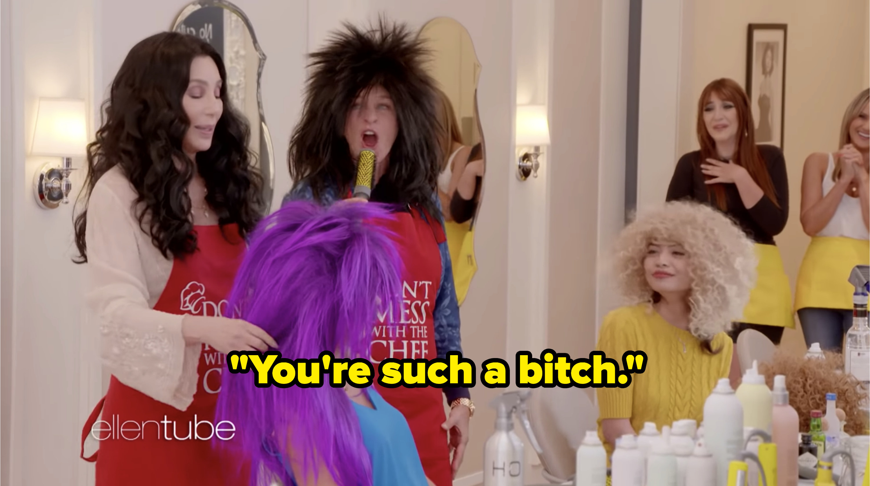 Cher and Ellen doing hair in Drybar