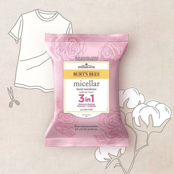 Burt&#x27;s Bees micellar wipes lying against illustration of tshirt and plant