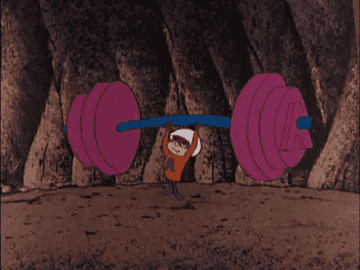 A cartoon character lifting weights