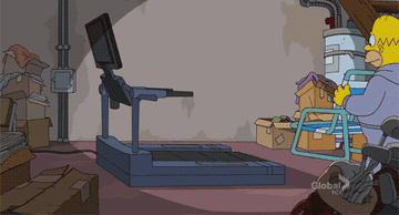 Homer Simpson watching TV on a treadmill
