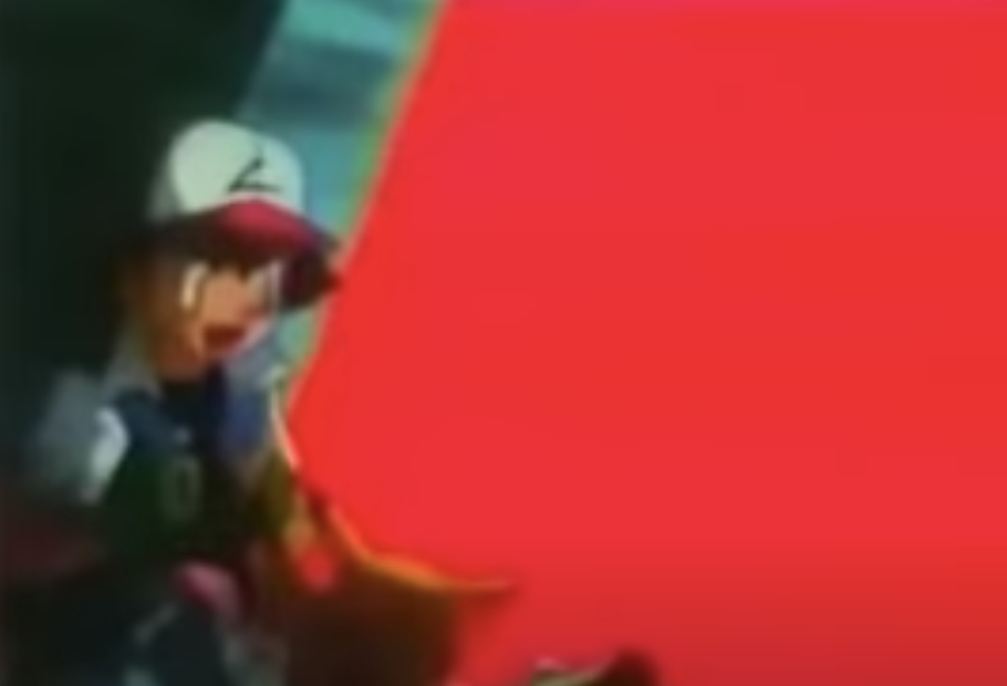 Pikachu flashing lights next to Ash