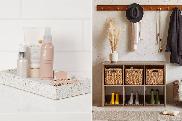 terrazzo bathroom tray and natural milk crates in a storage shelf