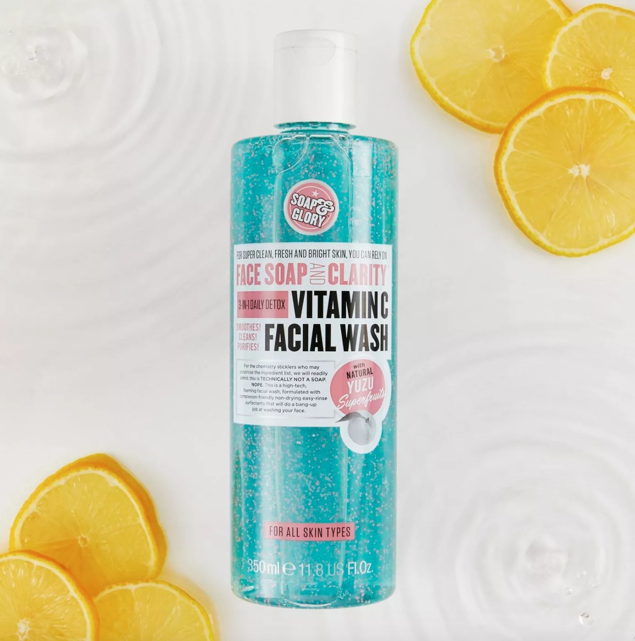 Soap and Glory face cleanser near lemon slices