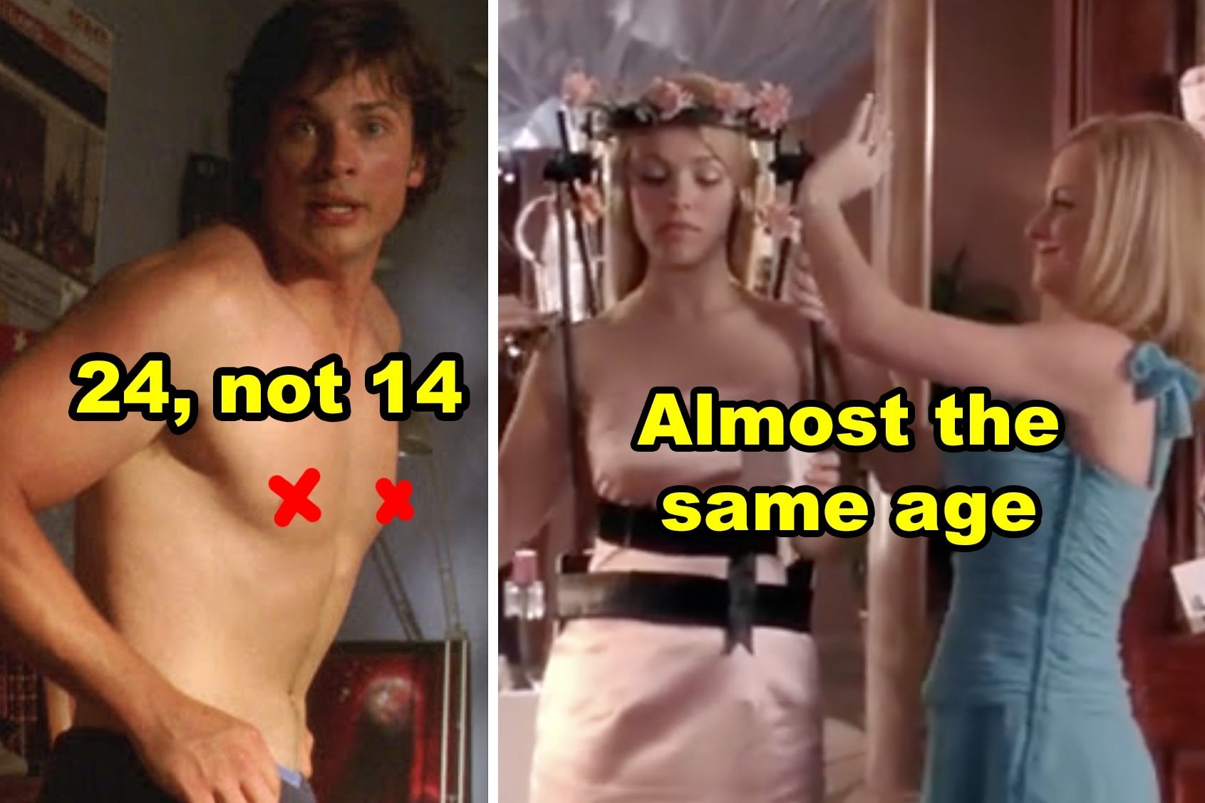 Side-by-side of Tom Welling in "Smallville" and Amy Poehler and Rachel McAdams in "Mean Girls"