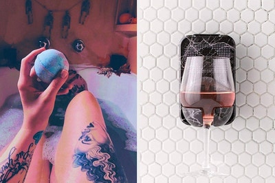 A hand holding a bath bomb in a tub / a wine glass shower holder with built-in speaker