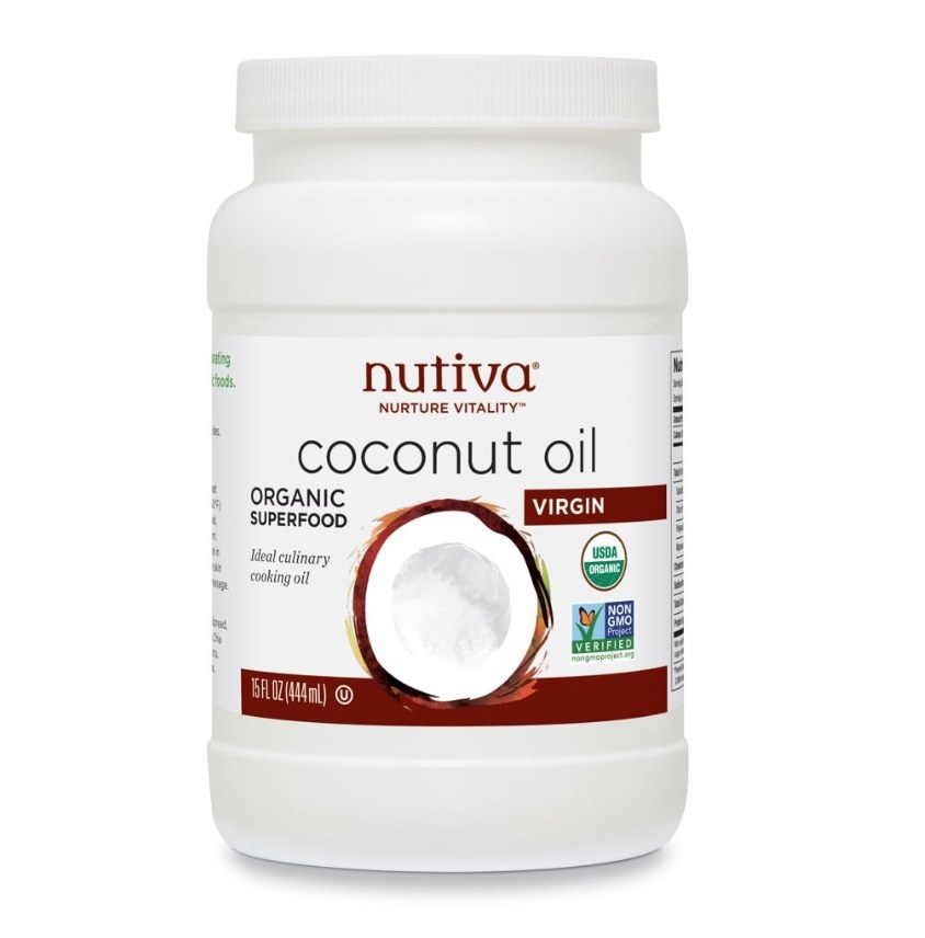 A bottle of Nutiva organic coconut oil