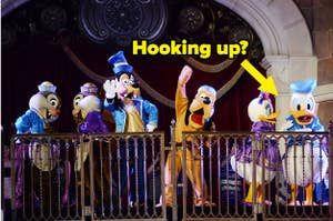 Disney mascots captioned "Hooking up?" and drawing an arrow towards Donald Duck and his girlfriend