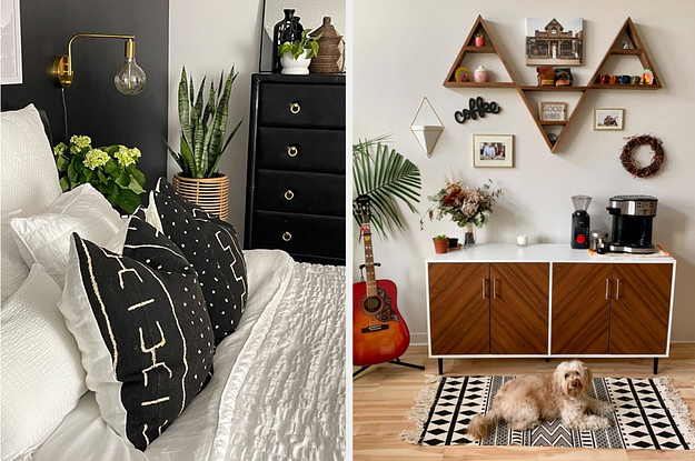 a reviewer's gold bedside sconce and a reviewer's four-door white/walnut buffet