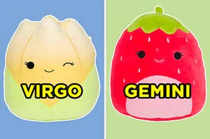 On the left, Jeannie, the tulip Squishmallow labeled "Virgo," and on the right, Scarlet, the strawberry Squishmallow labeled "Gemini"