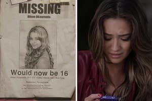 a missing poster for alison on the left and emily reading a text message on the right