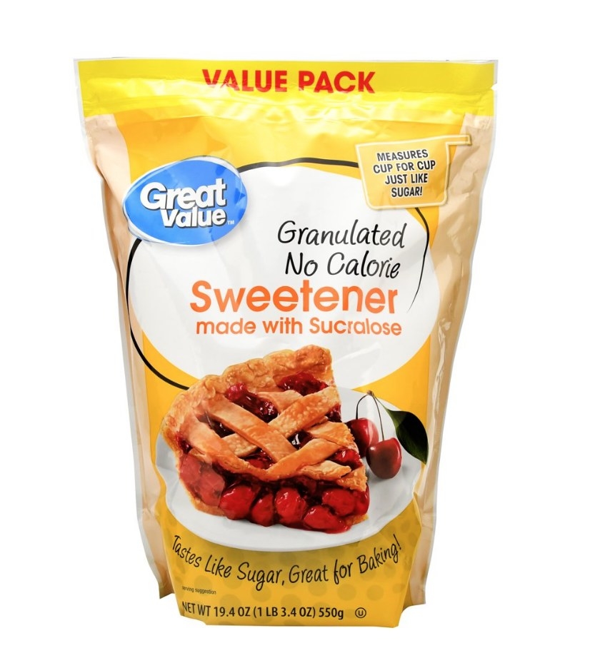 A value-sized bag of Great Value granulated, no-calorie sweetener