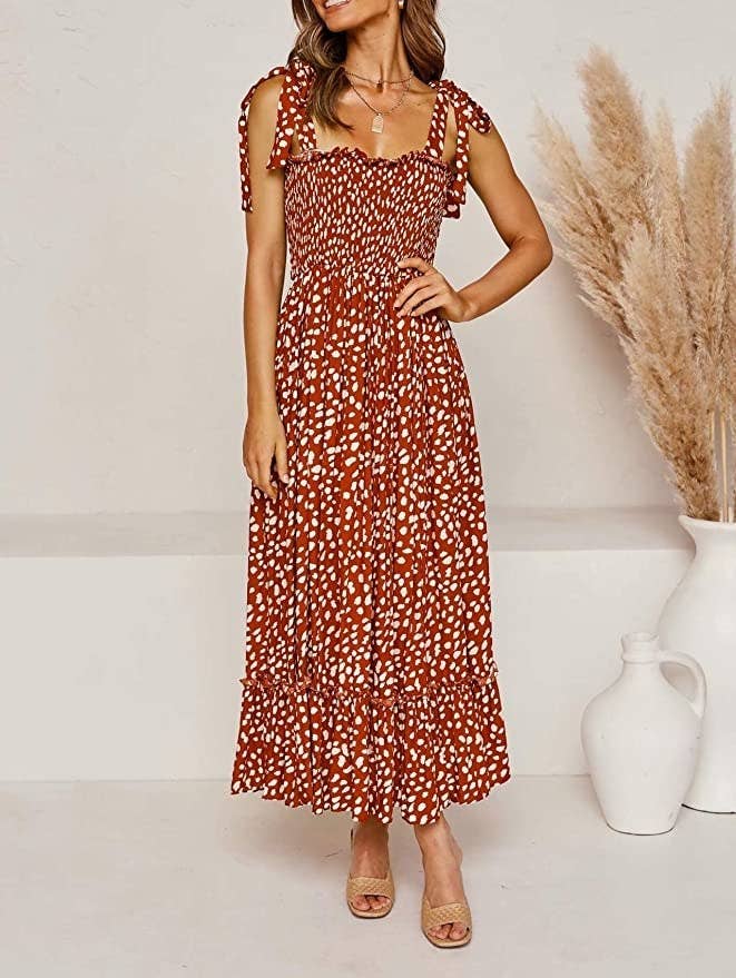 Take a look at our exciting line of Flower Child Bust Tie Ruffle Trim Dress  Leaf Print Beige Selfie Leslie . Unique Designs you won't find in any other  place