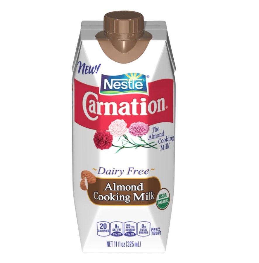 A bottle of Carnation almond cooking milk that comes in a 2-pack