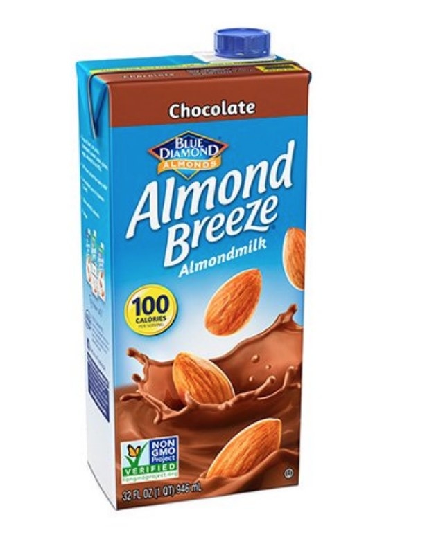 A 32oz bottle of Almond Breeze chocolate almond milk with 100 calories per serving