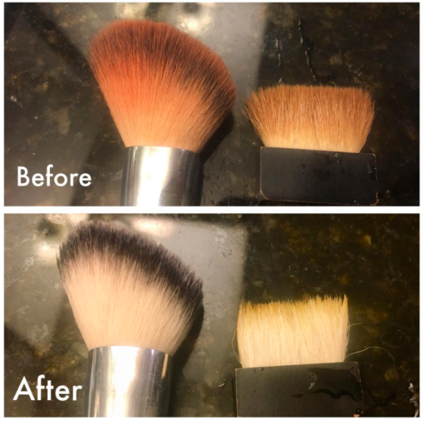 A customer review photo showing their brushes before and after using the cleaner