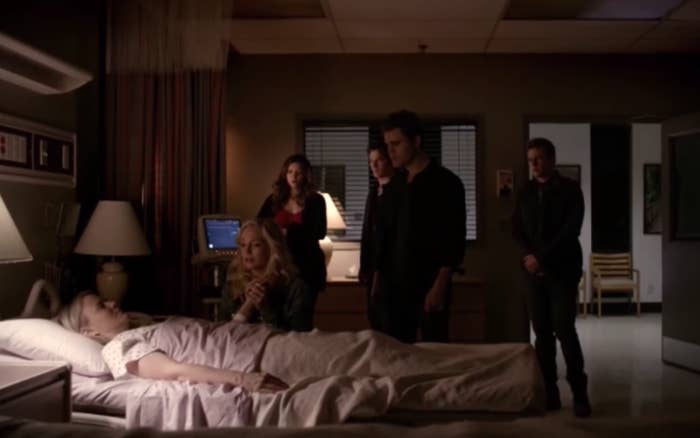 Candice King as Caroline Forbes sits at the hospital beside of her mother, Marguerite MacIntyre as Liz Forbes, as she passes away.