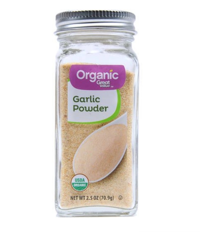 A bottle of Great Value organic garlic powder