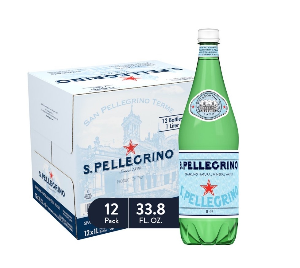 A bottle of sparkling water displayed in front of a 12 pack of the product