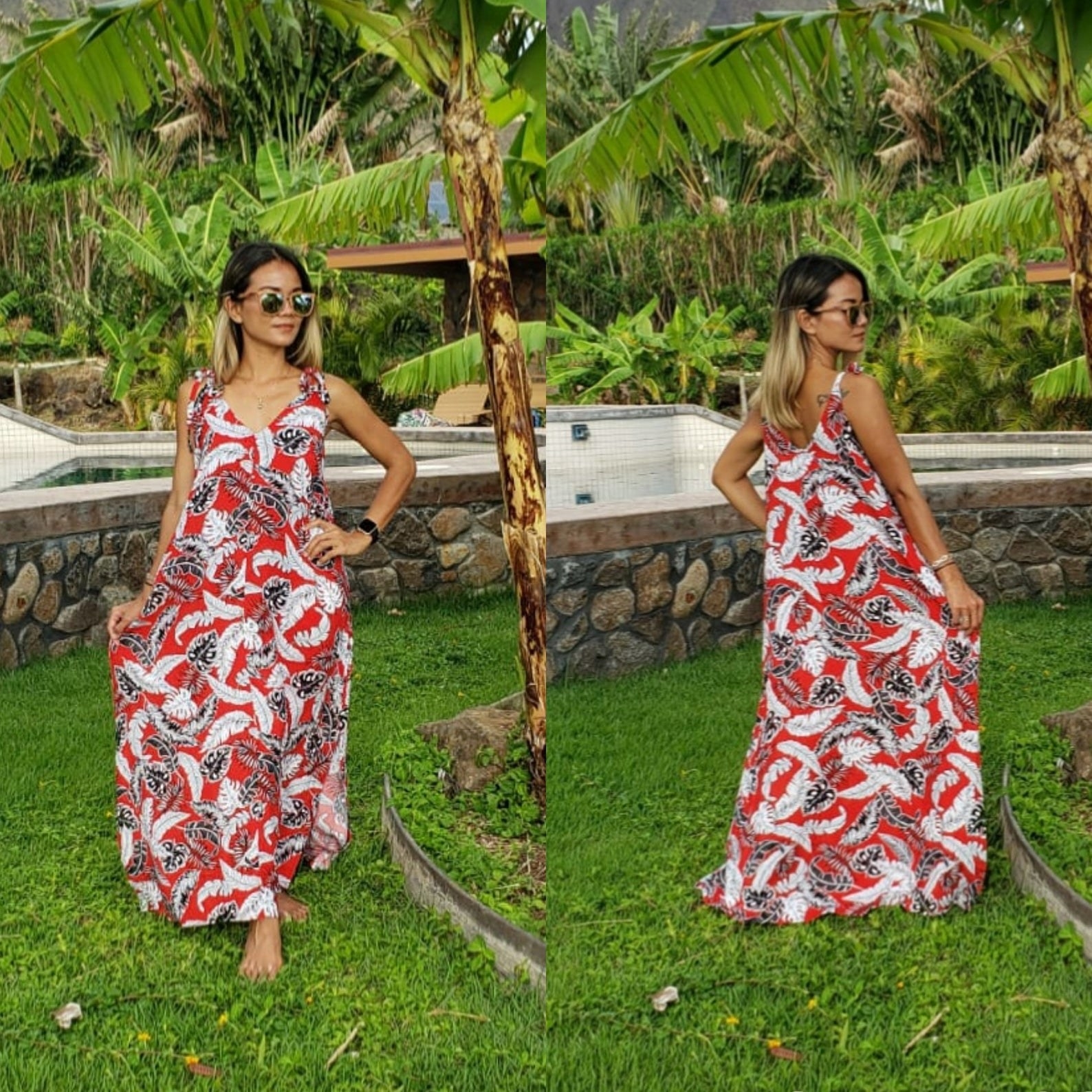 model wearing ankle length sleeveless dress in oversized Hawaiian print