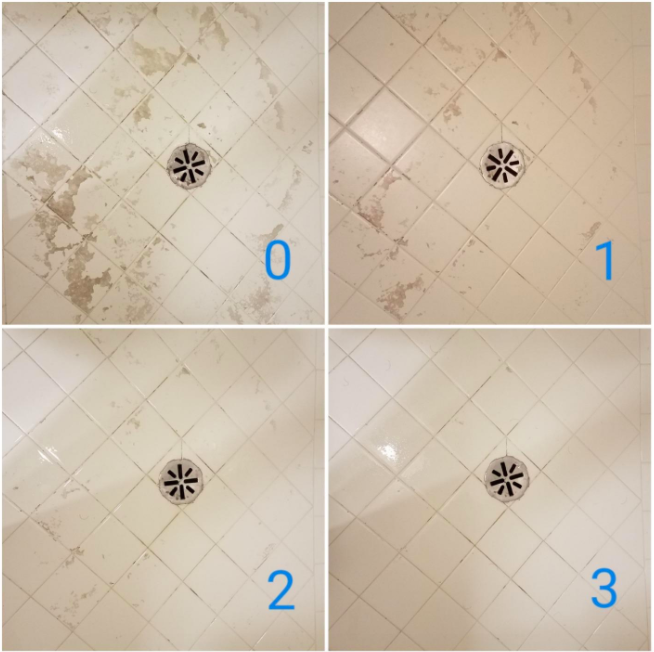 A series of customer review photos of the progress of their tile shower floors before and then after one, two, and three applications