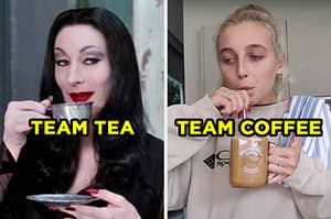 On the left, Morticia Addams drinking a cup of tea labeled "team tea," and on the right, Emma Chamberlain sipping iced coffee through a straw labeled "team coffee"