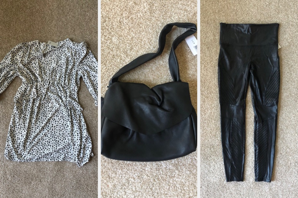 Ruffled dress, a small purse, and black leggings