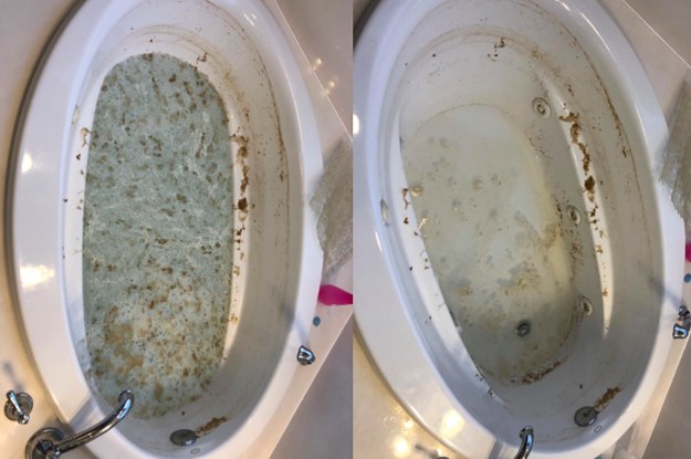 A series of customer review photos showing all the gunk coming out of their jetted tub