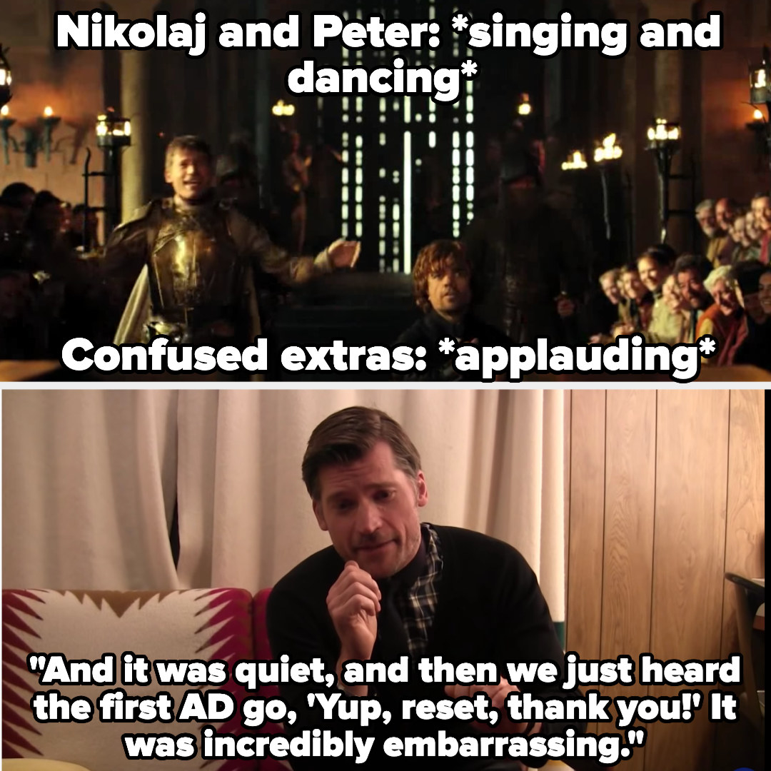 Nikolaj and Peter enter a scene singing and dancing, a move that annoyed the crew