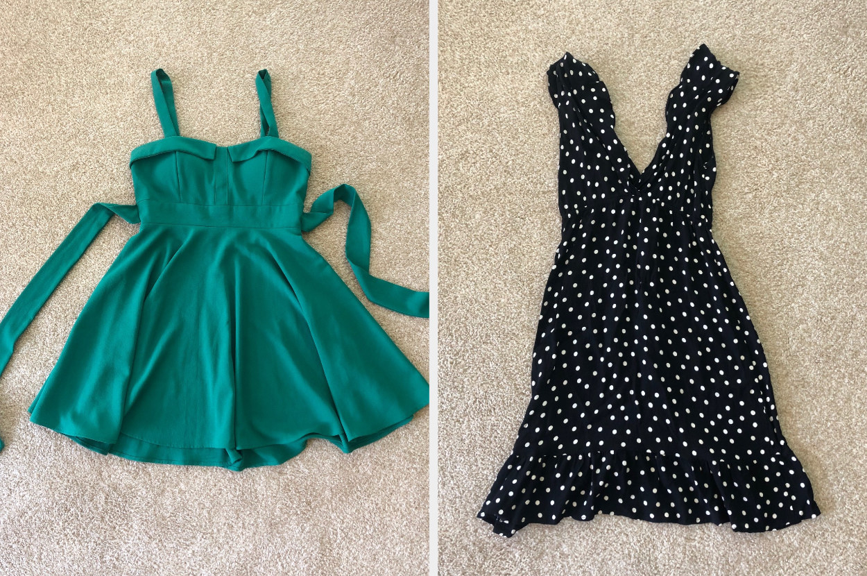 Green dress and a black and white polka dotted dress