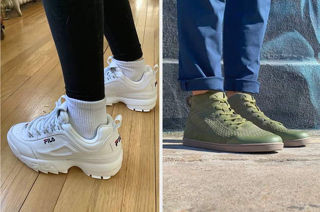 to the left: white chunky fila sneakers, to the right: green high top suav sneakers