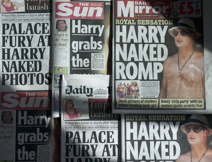 Various UK newspaper front pages with headlines such as "Harry Naked Romp" and "Palace Fury at Harry Naked Photos"