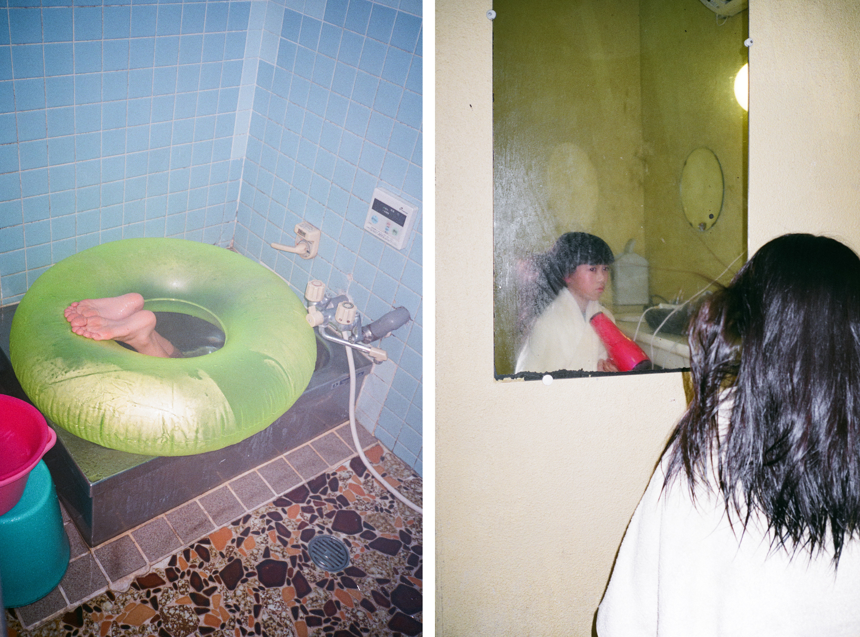 At left, a girl&#x27;s feet stick out of an inner tube over a bathtub; on the right, a girl blow-dries her hair in the mirror