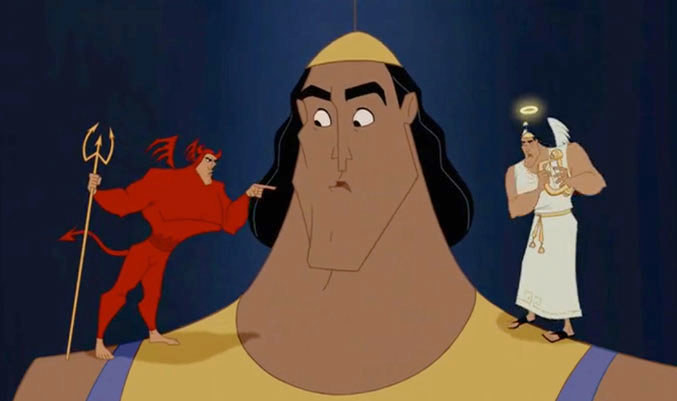 Kronk from &quot;The Emperor&#x27;s New Groove&quot; stuck in between his &quot;bad&quot; side and &quot;good&quot; side arguing 