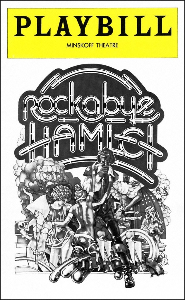 Playbill for Rockabye Hamlet, with a drawing of lots of people singing and dancing