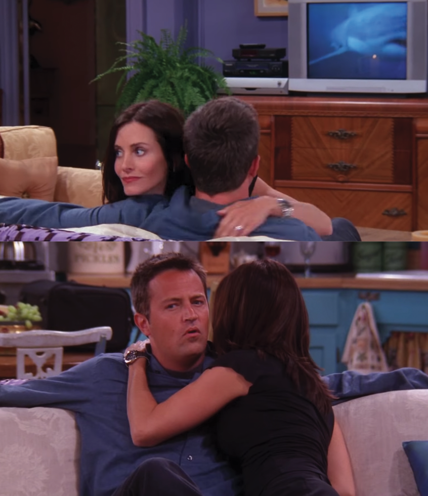 Matthew Perry as Chandler Bing and Courtney Cox as Monica Gellar in the show &quot;Friends.&quot;