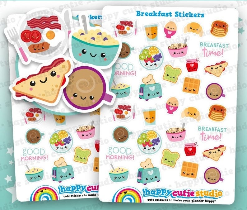 sheet of stickers with smiley cereal, waffles, avocado toast, juice, eggs, and more plus sayings like &quot;good morning!&quot; and &quot;breakfast time!&quot;