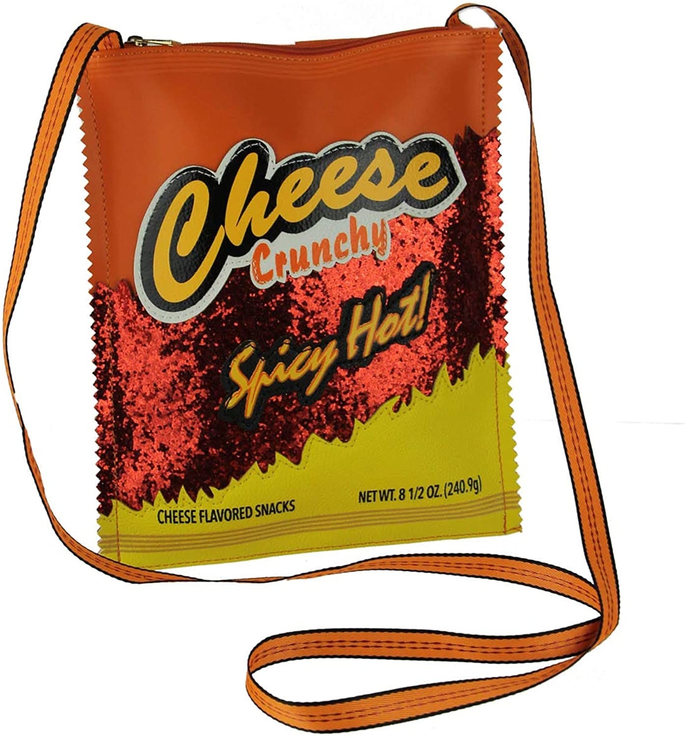 orange, red, and yellow crossbody bag shaped like a chip bag with the text &quot;cheese crunchy spicy hot!&quot;
